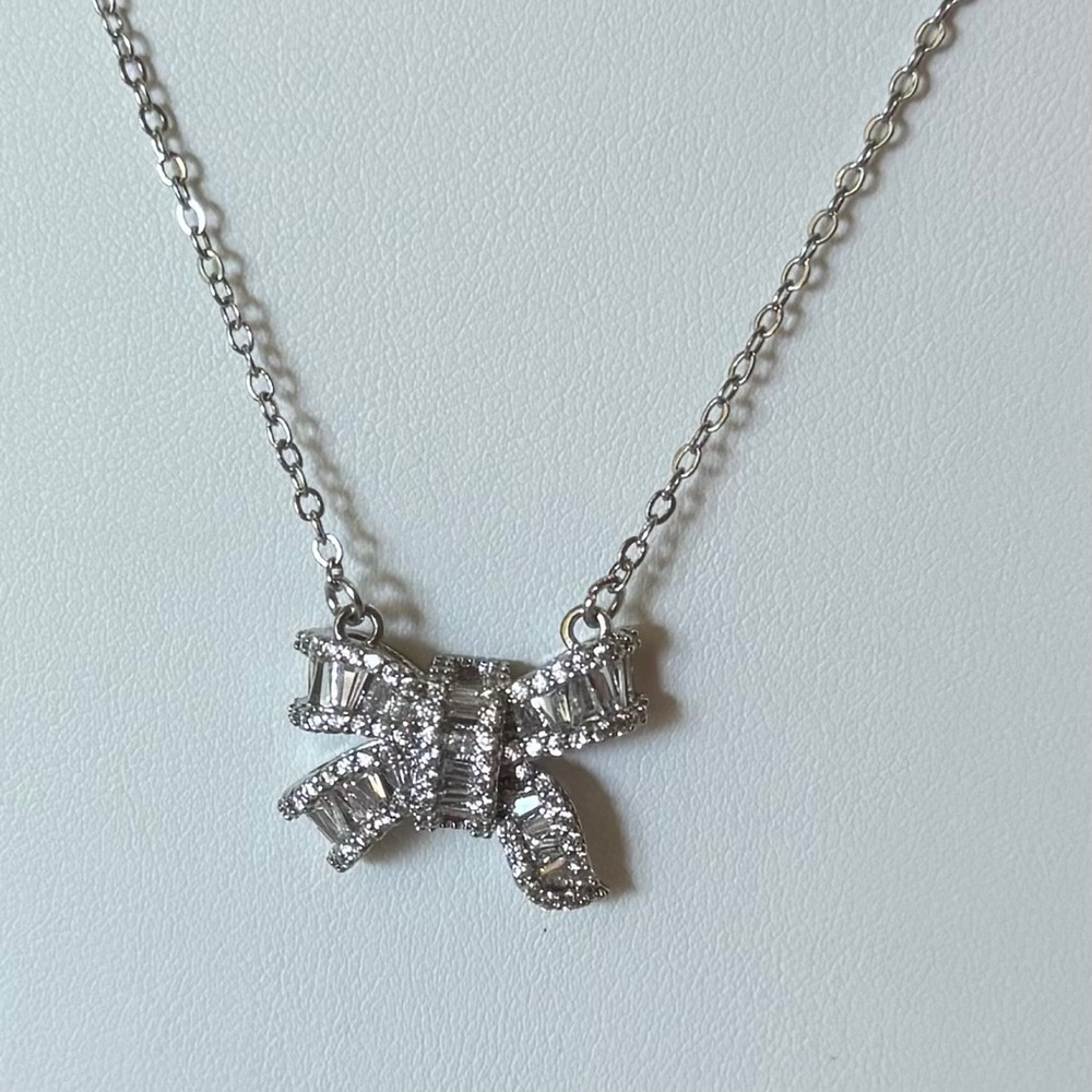 Bow Necklace - Diamond Crystals & Silver Chain